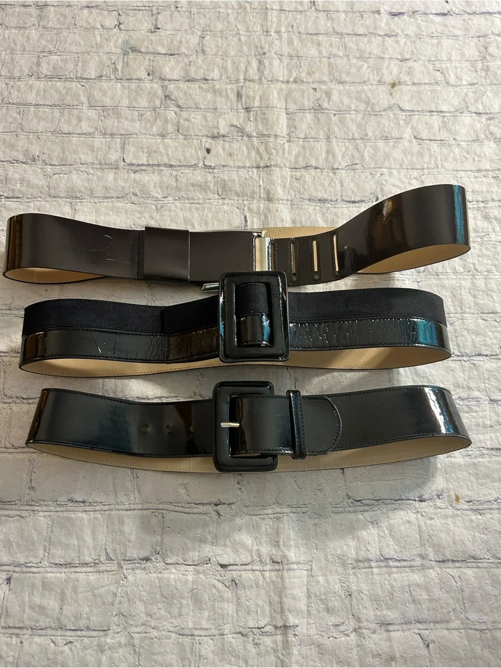 LAKE SHORE DRIVE WIDE BLACK PATENT LEATHER & (2)  PATENT BLACK & BROWN BELTS